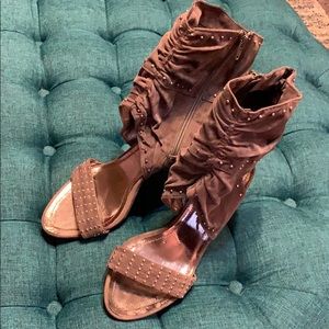 Ruched faux suede heels